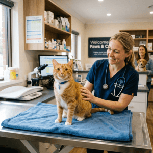 Orange tabby cat wearing a collar sitting on a blue towel on a veterinary exam table with a smiling veterinarian beside it