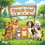 Dogs and cats holding a colorful 'Thank You!' banner in a park