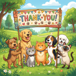 Dogs and cats holding a colorful 'Thank You!' banner in a park