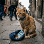Orange tabby cat sitting on pavement next to a hat containing coins and a dollar bill