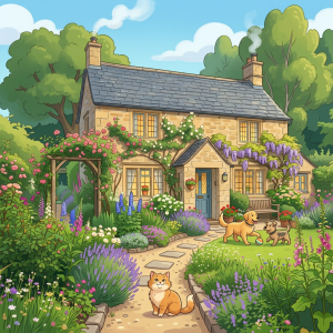Stone cottage surrounded by colorful flowers and a garden path
