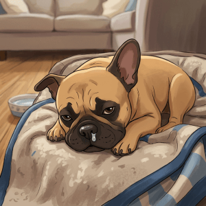 French Bulldog lying on a blanket in a living room