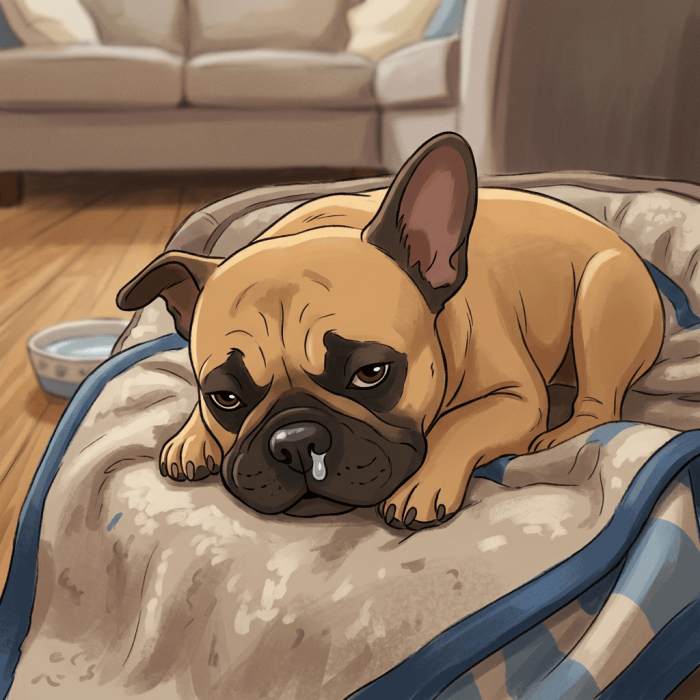 French Bulldog lying on a blanket in a living room
